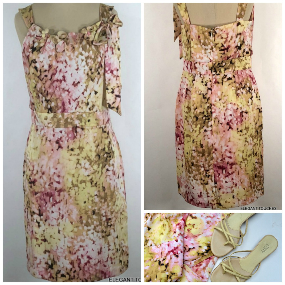 Ann Taylor LOFT Pink Green Floral Tie-Neck Dress 4